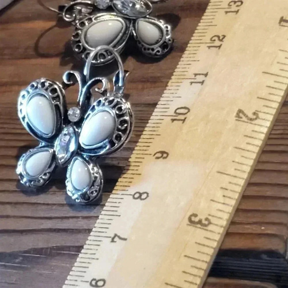 Antiqued Silver White & Clear Crystal Rhinestone Butterfly Leverback Earrings - Picture 7 of 7